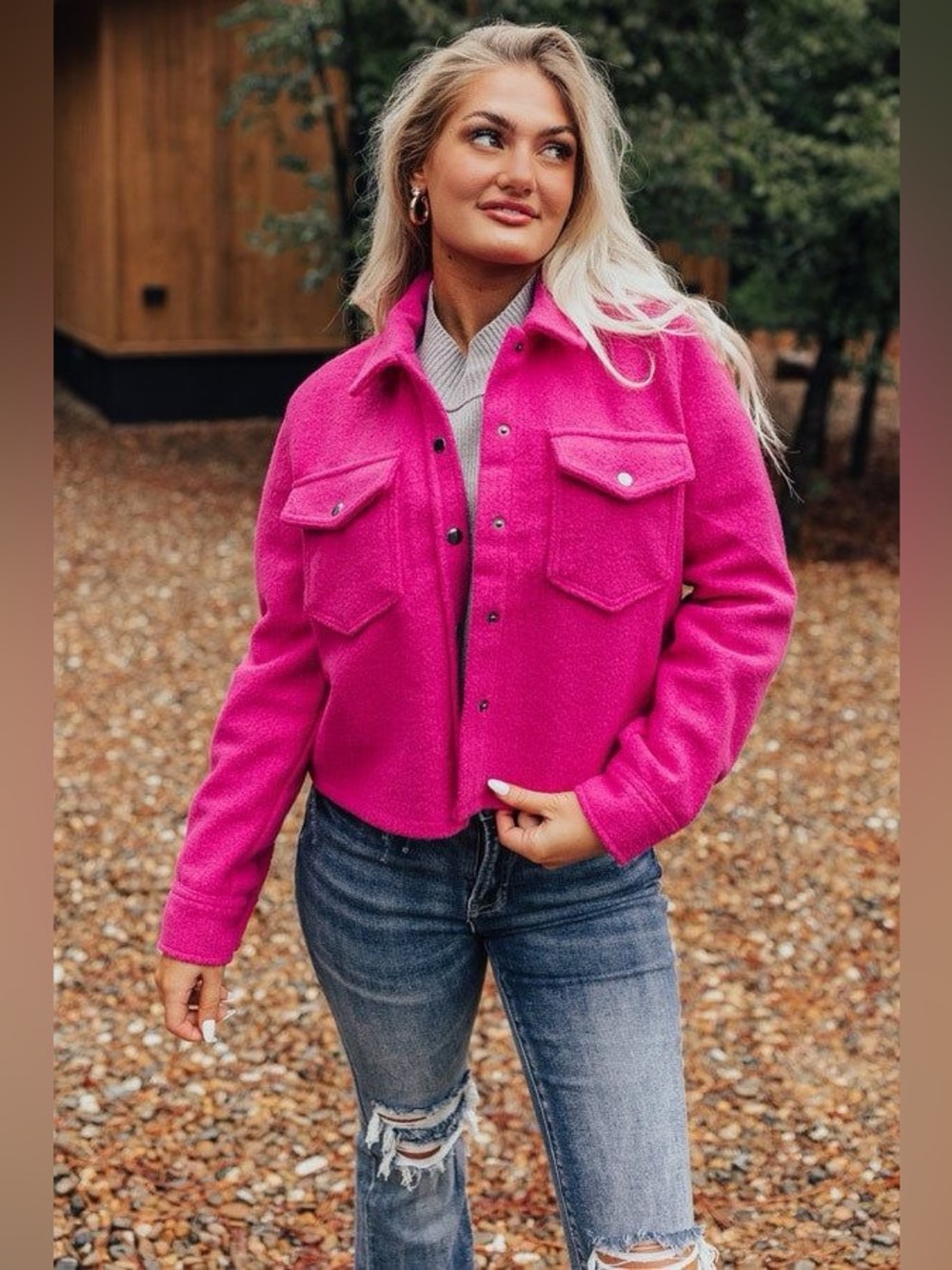 Love Tree Fuchsia Bouclé Button-Front Jacket - Size S